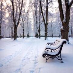 A full shot eye-level photo of summer scenery, showing a snowy park with frosted benches and trees, with tilt-shift effect enhancing the peaceful, miniature feel of the winter setting.