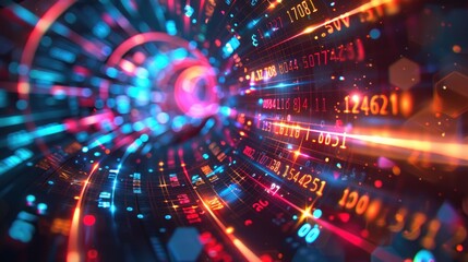Naklejka premium Abstract digital tunnel with glowing numbers and lines in a futuristic style.