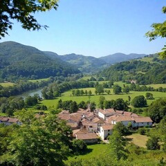 A full shot of a cute village landscape at eye level, among hills stretching into the distance under a clear sky.