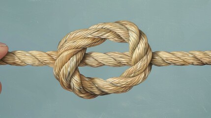 Fototapeta premium A close-up of a knotted rope, with a finger pulling on one end, against a blue background.