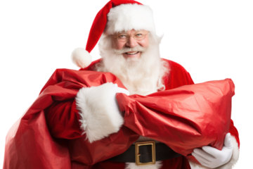 Santa Claus carrying a large bulging sack of gifts wearing a festive hat with a joyful expression isolated on white background