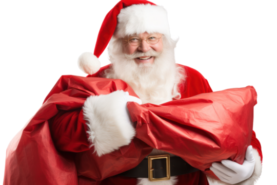Santa Claus carrying a large bulging sack of gifts wearing a festive hat with a joyful expression isolated on white background - Powered by Adobe