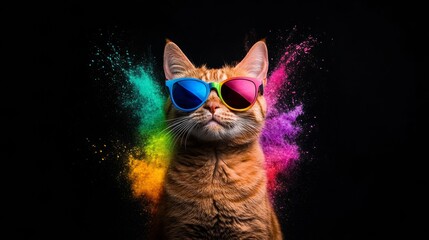 Ginger cat wearing sunglasses with colorful powder exploding behind it