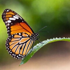 Fototapeta premium A close-up photo of a butterfly with dew drops on its wings in the early morning light, deep focus emphasizing the tiny water droplets and the texture of its wing scales, eye-level shot creating an in
