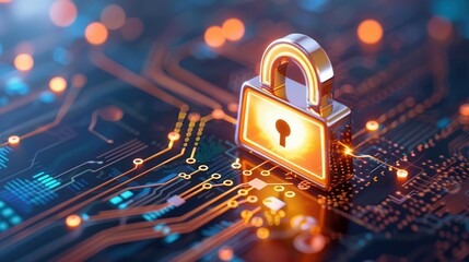 Close-up of a glowing padlock symbol on a circuit board, representing cybersecurity, data protection, and secure technology in a digital environment.