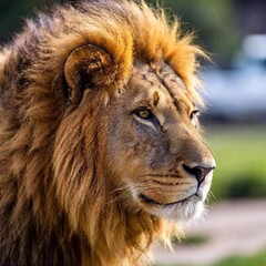 A close-up photo of a lion resting with its eyes half-closed, deep focus on its relaxed facial features and mane, eye-level shot capturing a peaceful and contemplative moment