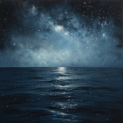 A dark blue sea with a sliver of moon and stars in the night sky.