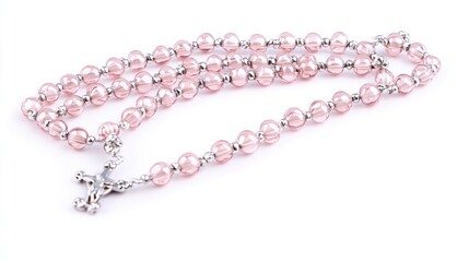 A pink beaded rosary with a silver cross, used for prayer and meditation.