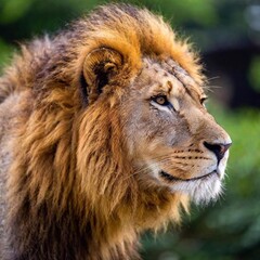 A close-up photo portrait of a lion in profile, deep focus on the curve of its nose and the texture of its whiskers, eye-level shot highlighting its elegant and fierce nature