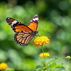 Naklejka premium A macro photo of a butterfly in mid-flight, soft focus rendering the background into a soft, colorful blur, low angle shot capturing the upward motion and the fine details of its underwings and body