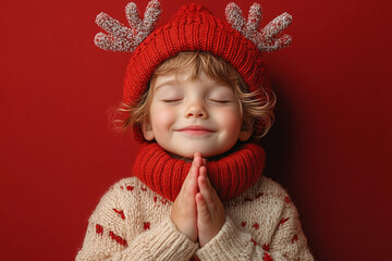 Generative AI image of a child with blue eyes waiting for Christmas gifts, surrounded by festive lights and holiday anticipation