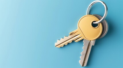 Close-up of golden and silver keys attached to a keyring, isolated against a light blue background, representing security and access control.