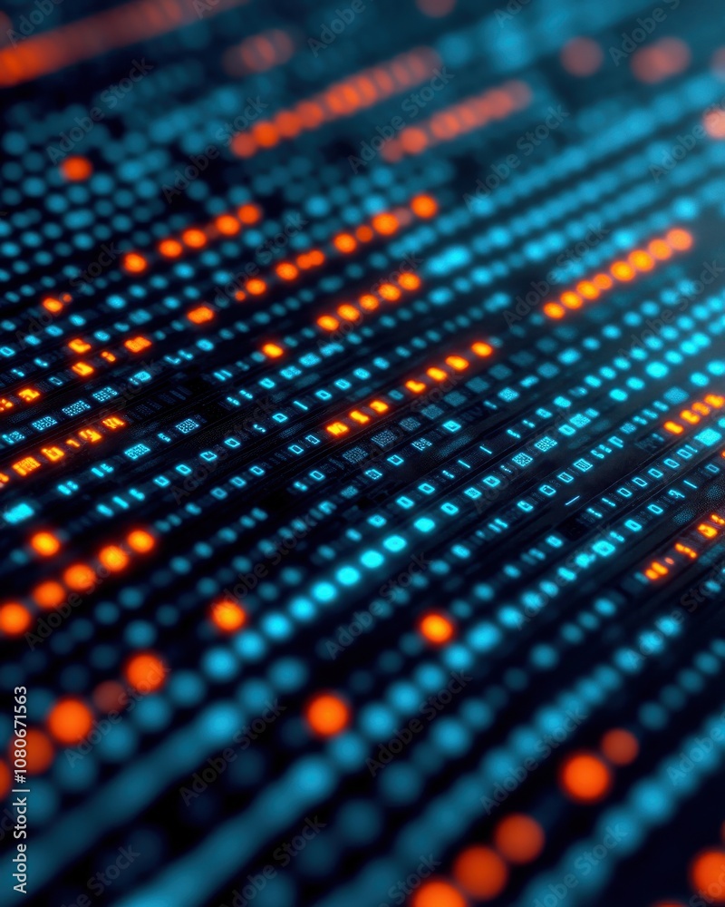 Poster a vibrant abstract representation of digital data streams, showcasing illuminated patterns in blue, 
