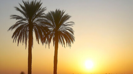 Palm trees silhouetted against a vibrant orange sunset.