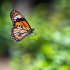 Obraz premium A close-up photo of a butterfly in flight, wings slightly blurred to convey motion, deep focus on its body and head, eye-level shot capturing its expressive eyes and unique patterns, giving a sense of