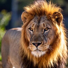 A close-up photo of a lion with sunlight catching its mane, deep focus on its calm expression and...