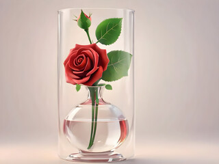 Fototapeta premium Red rose icon in a glass vase. The details of the petals and stem are clear. The colors are bright and 