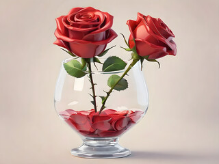 Fototapeta premium Red rose icon in a glass vase. The details of the petals and stem are clear. The colors are bright and 