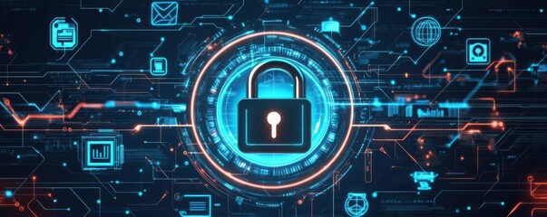 Fototapeta premium Futuristic data lock surrounded by privacy icons, visualizing robust privacy safeguards in a digital age