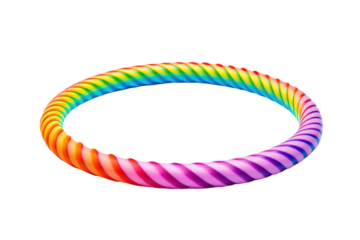 Hula hoop with alternating color segments in a coiled position isolated on white background