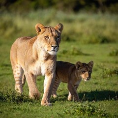 Obraz premium A full shot photo of a lioness leading her cubs across a grassy plain, deep focus capturing the familial bond and protective posture, low-angle shot showing the full body of the lioness in a nurturing