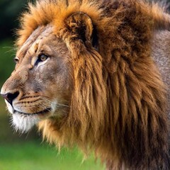 Fototapeta premium A close-up photo portrait of a lion in profile, deep focus on the curve of its nose and the texture of its whiskers, eye-level shot highlighting its elegant and fierce nature