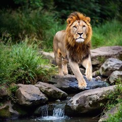 A macro photo of a lion leaping over a small stream, deep focus on the motion and musculature,...