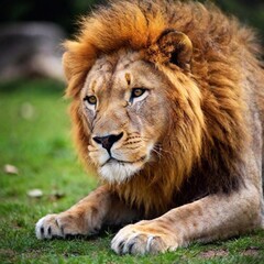 Fototapeta premium A macro photo of a lion lying on its back, paws in the air, deep focus on its playful expression and the details of its body, high-angle shot showing its full body in a relaxed, unguarded moment in th