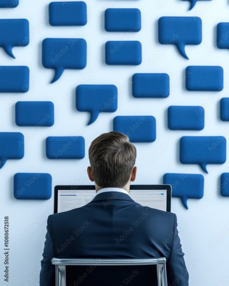 Poster A businessman sits at a computer in front of a wall decorated with blue speech bubbles, symbolizing communication and dialogue.