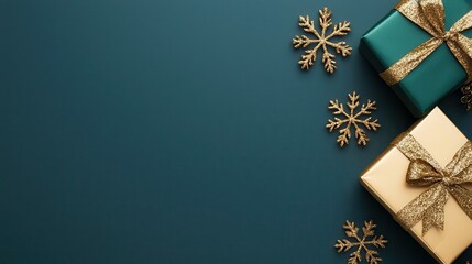 A festive arrangement of wrapped gifts and decorative snowflakes on a teal background, embodying the spirit of the holiday season.