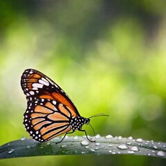 Obraz premium A close-up photo of a butterfly with dew drops on its wings in the early morning light, deep focus emphasizing the tiny water droplets and the texture of its wing scales, eye-level shot creating an in