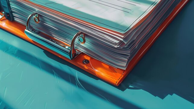 Close up of a red binder with papers and a silver ring on a teal background.