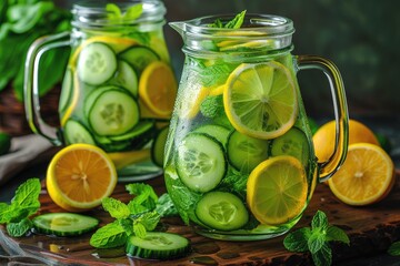 Fototapeta premium Refreshing Cucumber, Lemon, and Mint Infused Water in Glass Pitchers