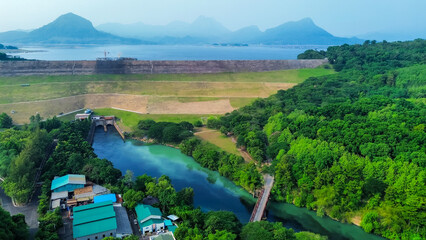 Aerial View of Jatiluhur, the Largest Dam in Indonesia. Bendungan Jatiluhur of Purwakarta. Multi-Purpose Embankment Dam on The Citarum River with Morning Glory Spillway