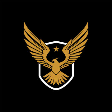 Shield with eagle, wings, flying eagle logo design vector.