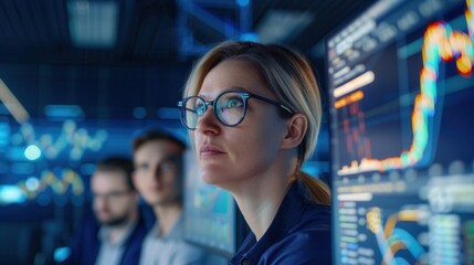 Close-up of a focused businesswoman analyzing data on a digital screen in a modern tech office environment, representing technology, strategy, and data analysis.