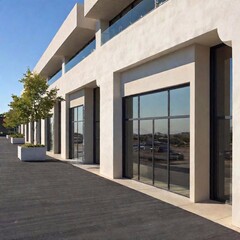 A high-resolution photograph of a newly constructed, modern commercial shopping center. The buildings feature a mix of textured stone and smooth beige stucco exteriors with large, reflective glass win