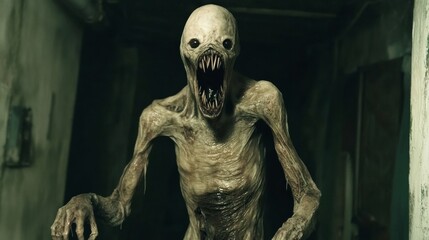 Scary monster emerging from darkness showing its teeth