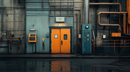 Industrial building exterior with orange door, control box, and ventilation pipes on a wet, reflective surface, highlighting urban utility infrastructure and rain-soaked conditions.