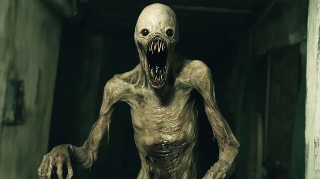 Scary monster emerging from darkness showing its teeth