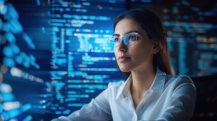 Obraz premium female programmer in glasses analyzing code on a digital screen, symbolizing software development, coding, and data analysis.