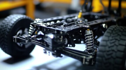 Fototapeta premium Close-up of truck frame, capturing lifelike detail on metal chassis and wheel assembly --chaos 20