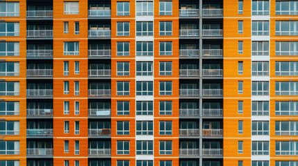 An orange and gray building with many windows. The windows are all rectangular and evenly spaced.