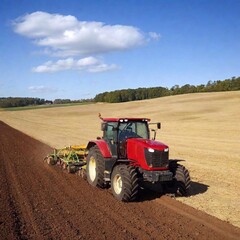 Fototapeta premium A high-resolution ultrarealistic image of a red tractor pulling a seed drill through a vast, freshly tilled field under a vibrant blue sky dotted with fluffy white clouds. The digital artwork expertly