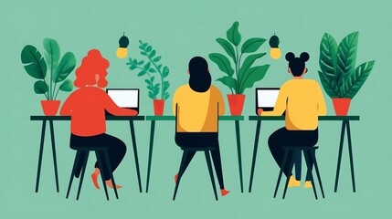 Eco-Friendly Workspace with Lush Greenery and Collaborative Technology