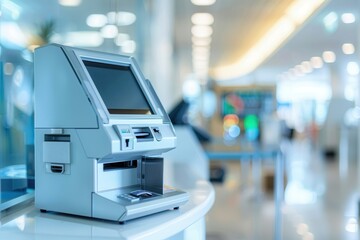 Close-up of a modern ATM machine in a brightly lit bank interior with a soft focus background, emphasizing clean design and functionality.