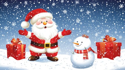 Fototapeta premium Collection of Christmas elements featuring Santa, snowman, baubles, and holiday packaging. Detailed vector ideal for cards and gift tags.