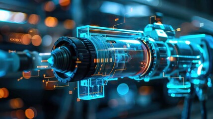 Fototapeta premium A close-up shot of a robotic arm with glowing blue and orange digital overlays highlighting its internal mechanics, set against a blurred factory background.