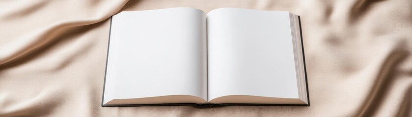 Open book mockup on a fabric background, blank pages, soft lighting, mockup, book layout preview