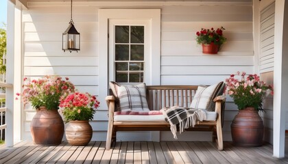 Fototapeta premium Cozy Porch with Wooden Bench and Flowers